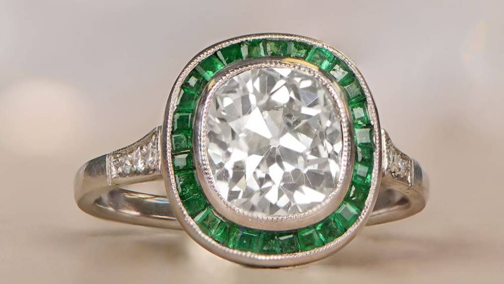 12832 Brookside Antique Cushion Diamond and calibre cut emerald halo engagement Ring
