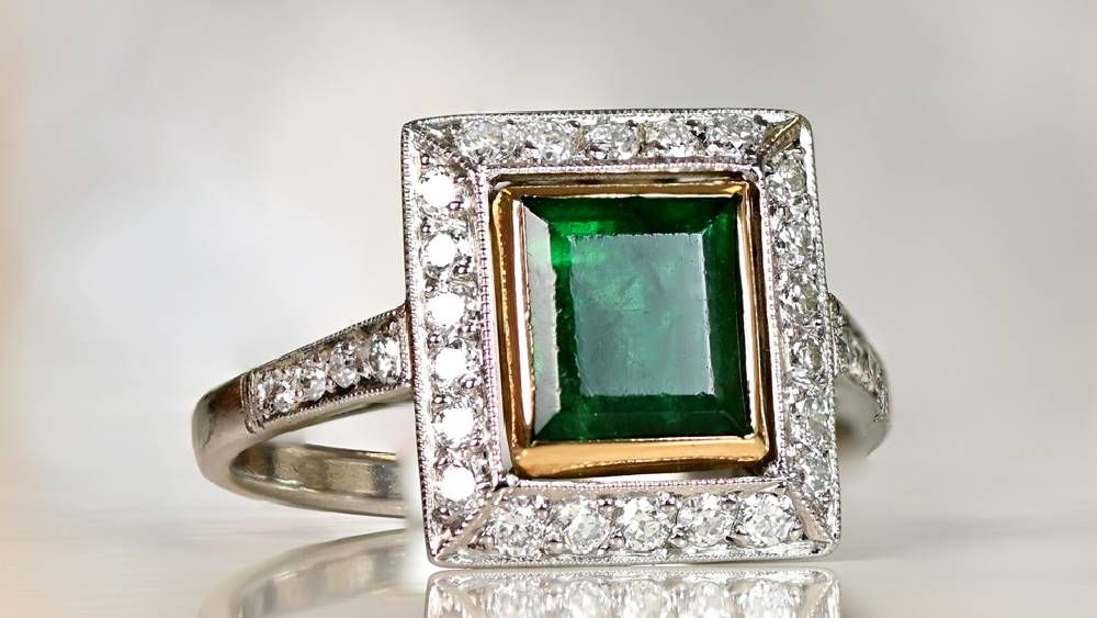 Emerald Centered Square Ring With Diamond Halo