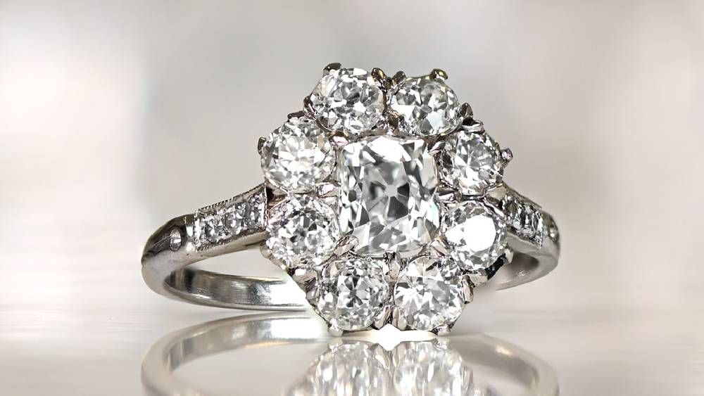 13056 Rhone Antique Cushion Cut Diamond Floral Halo Platinum Engagement Ring