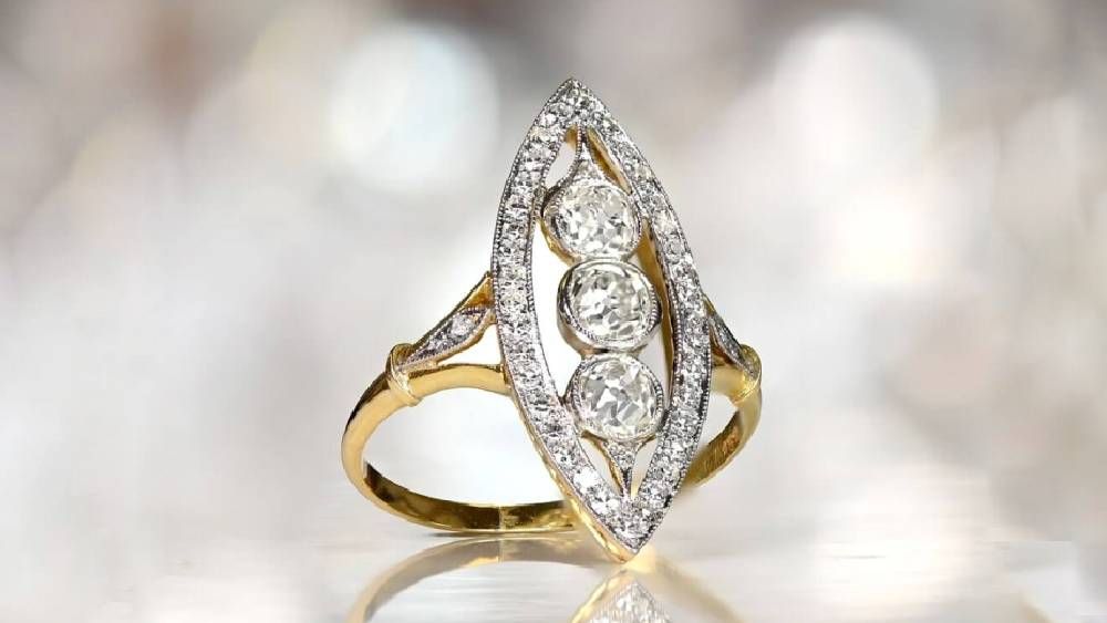 Ashbourne Navette Style Ring With Three Center Diamonds