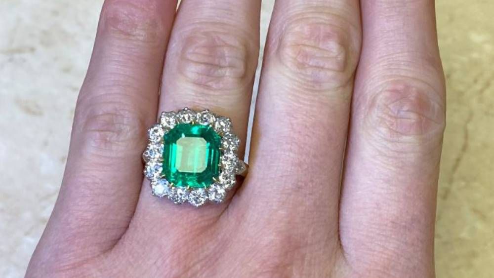 13352 Livingston Emerald and Diamond cluster halo Ring