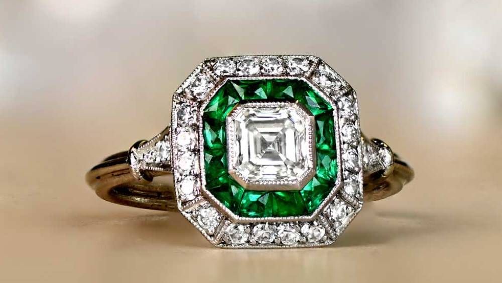 Asscher Cut Diamond Engagement Ring With Emerald Halo 