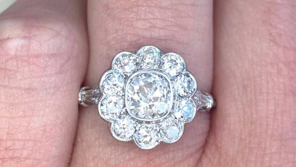 14047 Norfork Antique Cushion Cut Floral Cluster Halo Diamond Engagement Ring 