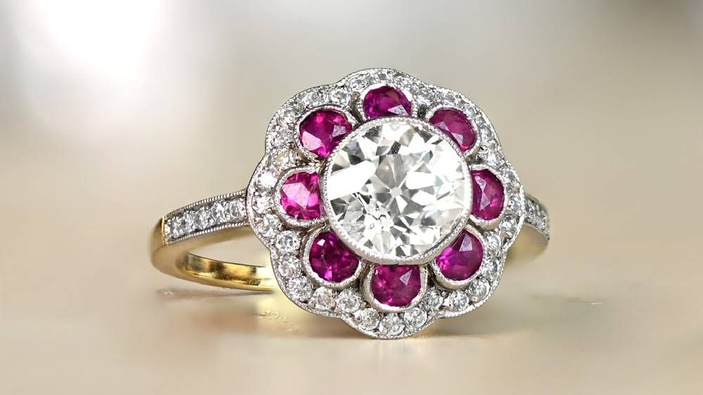 Yellow Gold Diamond Ring With Floral Ruby Halo