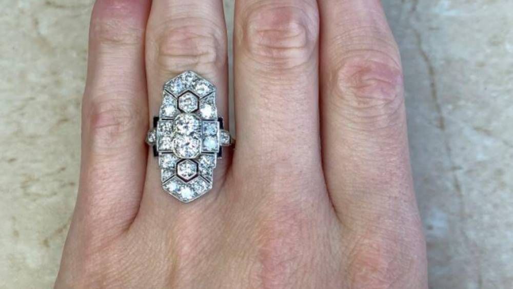 14140 Glassboro Geometric Diamond and Onyx Vintage Ring