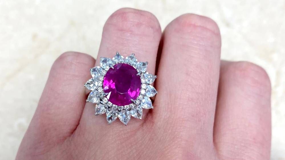 DYL16 Capulet Pink Sapphire Diamond Cluster Halo Ring
