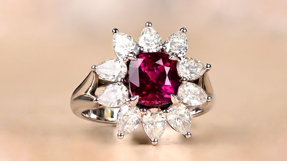 DYL18 Ariss Ruby and Pear Shaped Diamond Cluster Halo Ring