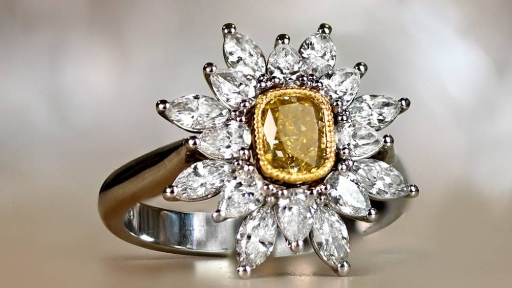 Fancy Yellow Diamond Ring With Floral White Diamond Halo