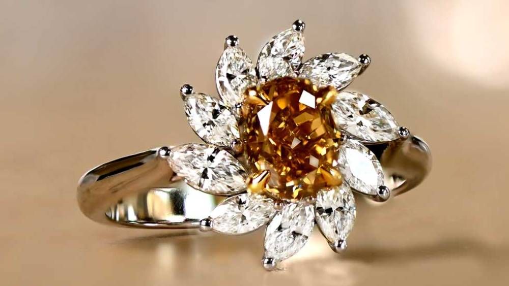 DYL42 Miramichi Yellow Brown Diamond Floral Cluster Engagement Ring