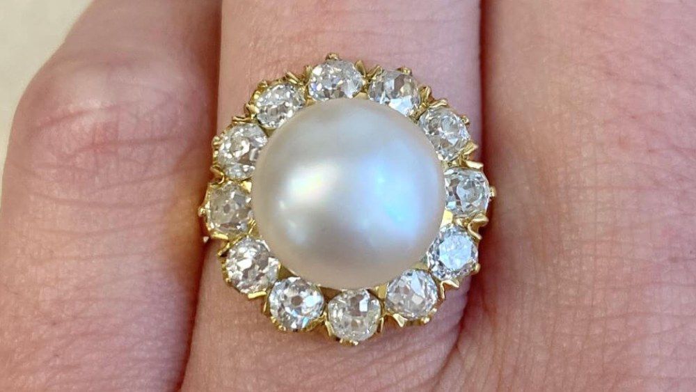 Bayview Diamond Cluster Pearl Centered Yellow Gold Ring