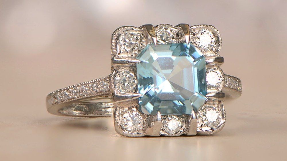 Aber Platinum Aquamarine Engagement Ring With Diamond Cluster