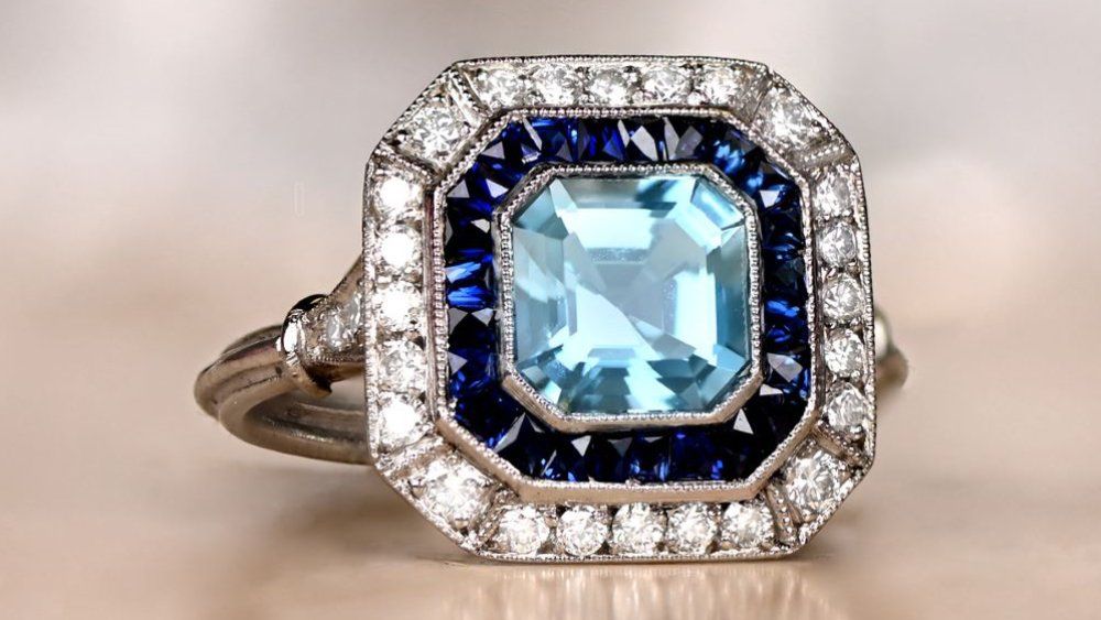 Estate Diamond Jewelry Aspen Aquamarine Double Halo Ring