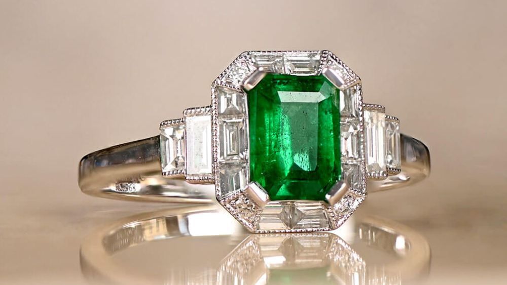 White Gold Littleton Emerald Engagement Ring With Diamonds