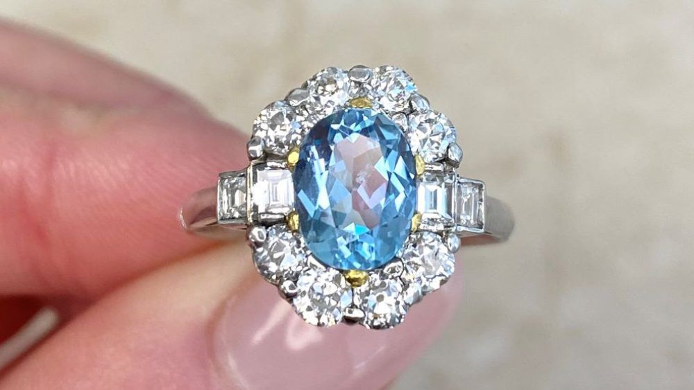 Plymouth Aquamarine Gemstone Engagement Ring Featuring Diamond Halo