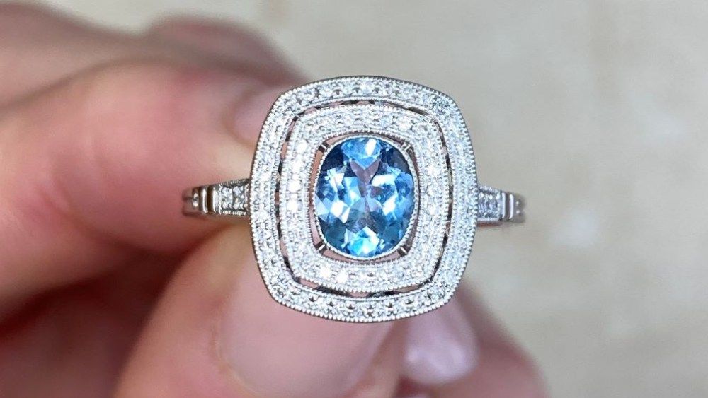 Estate Diamond Jewelry Roosevelt Aquamarine Double Halo Ring
