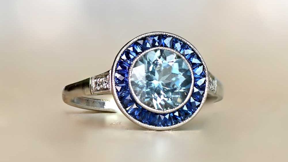 Estate Diamond Jewelry Tallis Aquamarine Sapphire Halo Ring