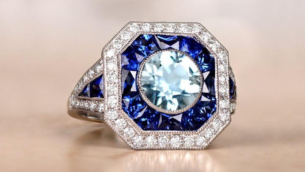 Large Aquamarine Ring With Diamond And Sapphire Halos