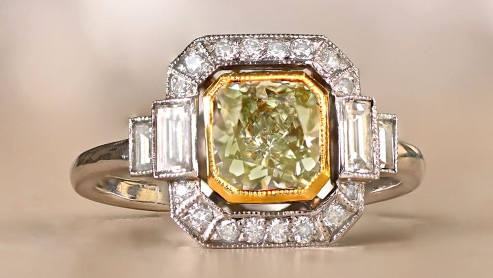 Estate Diamond Jewelry Yellow Green Diamond Barrow Ring