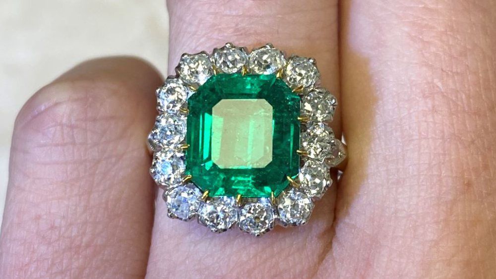 Livingstone Emerald Engagement Ring With Cluster Of Diamonds