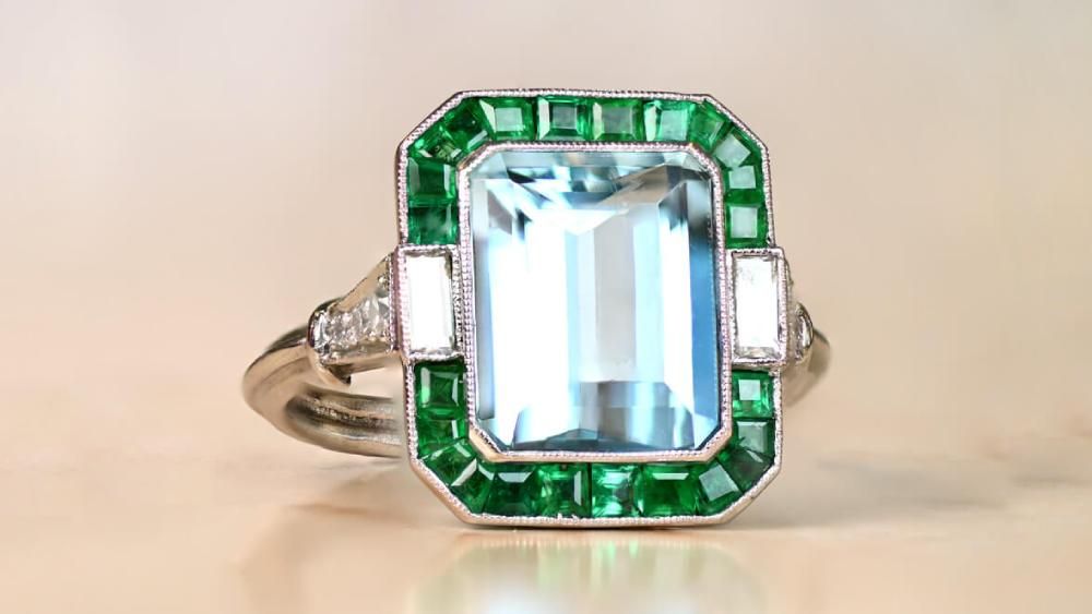 Almada Aquamarine Engagement Ring Featuring Emerald Halo