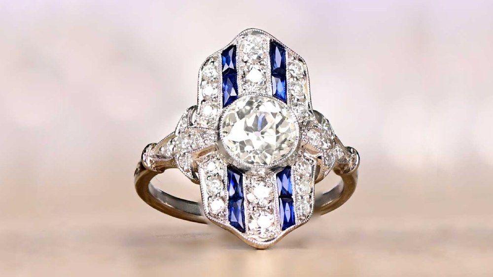 Elongated Elvas Engagement Ring Featuring Diamonds And Sapphires