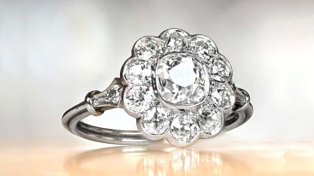 Cushion Cut Norfolk Floral Diamond Cluster Engagement Ring