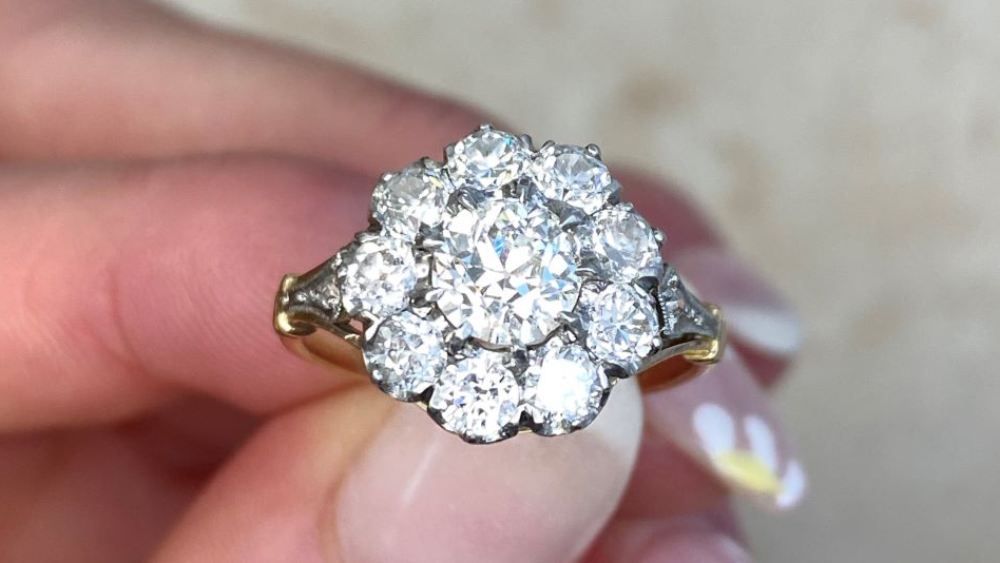 Platinum On Yellow Gold Floral Diamond Cluster Ring 