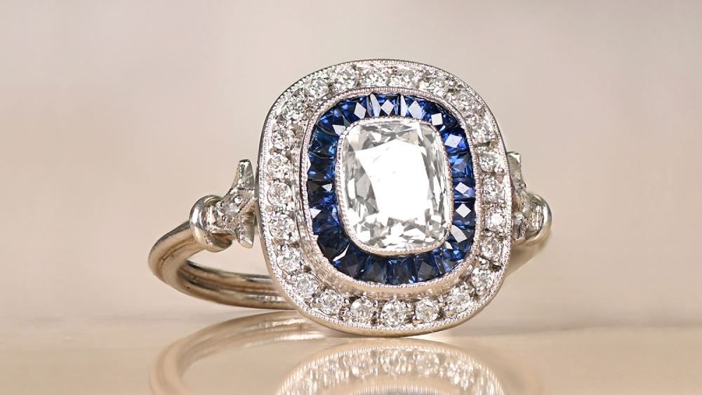Diamond Ring With Sapphire Halo In Diamond Halo
