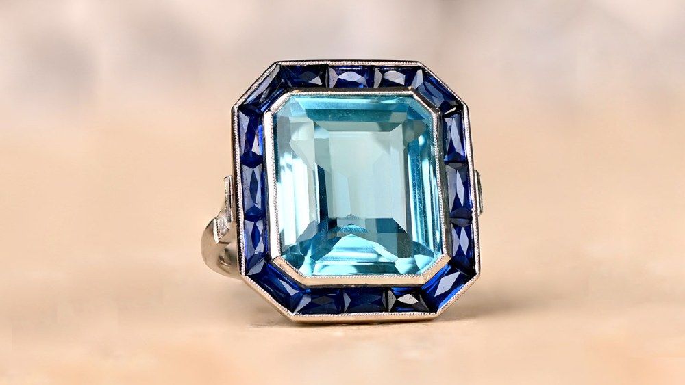 Luray Large Aquamarine Ring With A Sapphire Halo