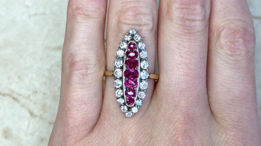 Navette Style Medina Ring Featuring Seven Center Rubies