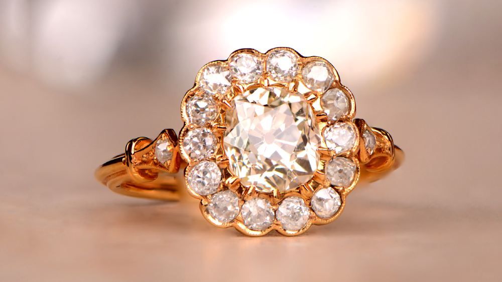 Yellow Gold Diamond Ring With Floral Diamond Halo