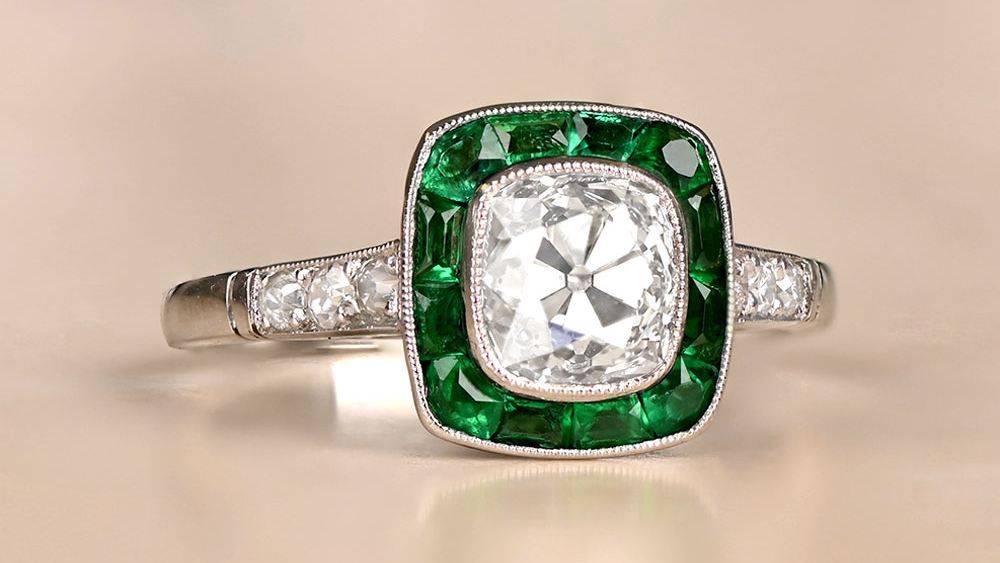 Sulham Emerald Halo Engagement Ring Featuring Antique Diamond