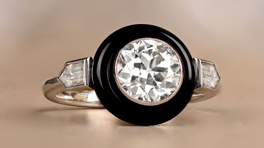 Round Diamond Ring With Onyx Halo And Side Diamonds