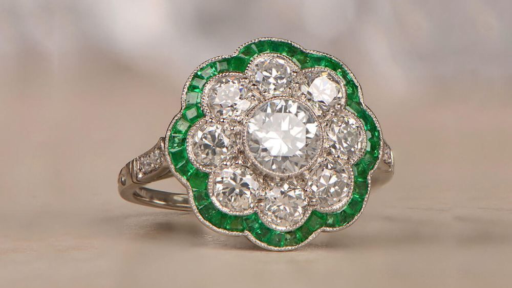 Towson Ring With Floral Emerald And Diamond Halos