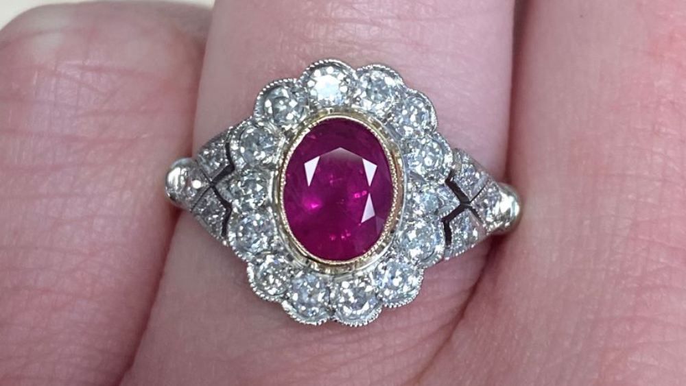 Tulip Burma Ruby Engagement Ring With Diamond Cluster