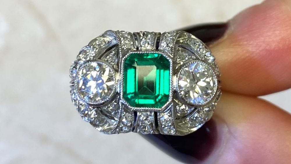 Edwardian Era Woodbury Emerald Engagement Ring Featuring Diamonds