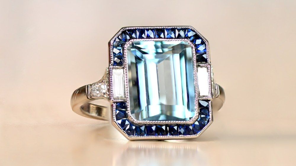 Estate Diamond Jewelry Boulder Aquamarine Engagement Ring