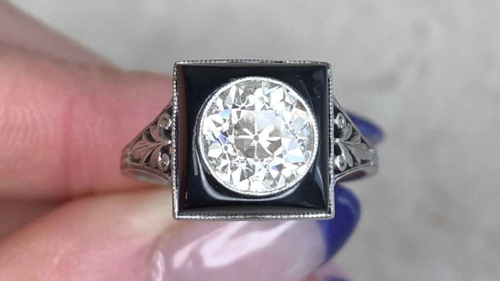 Square Ring Featuring Round Diamond And Black Onyx Halo
