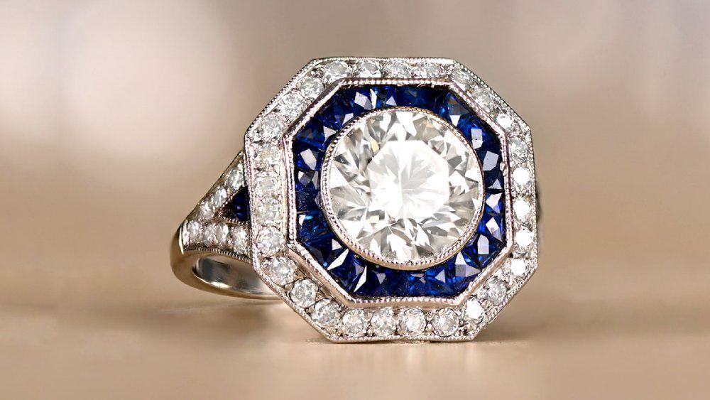 Large Double Halo Diamond Ring With Sapphires