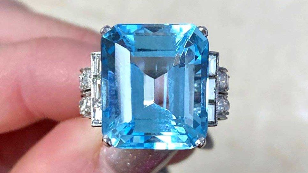 Large Aquamarine Sedgewick Ring With Several Accent Diamonds