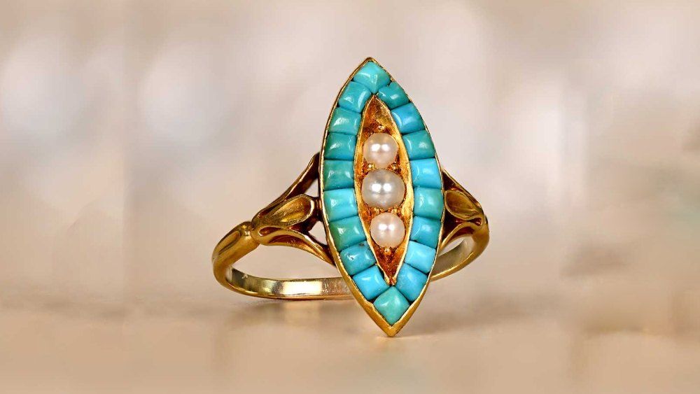 Georgian Era Turquoise Cenon Navette Ring Featuring Pearls
