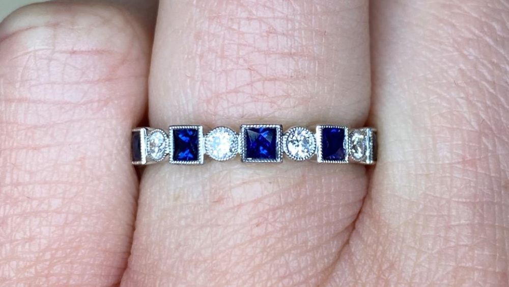 Platinum Donegal Wedding Band Featuring Diamonds And Sapphires