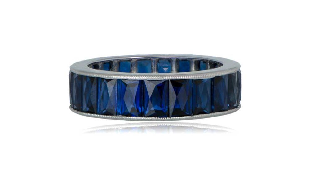 French Cut Wedding Band Featuring Channel Set Sapphires