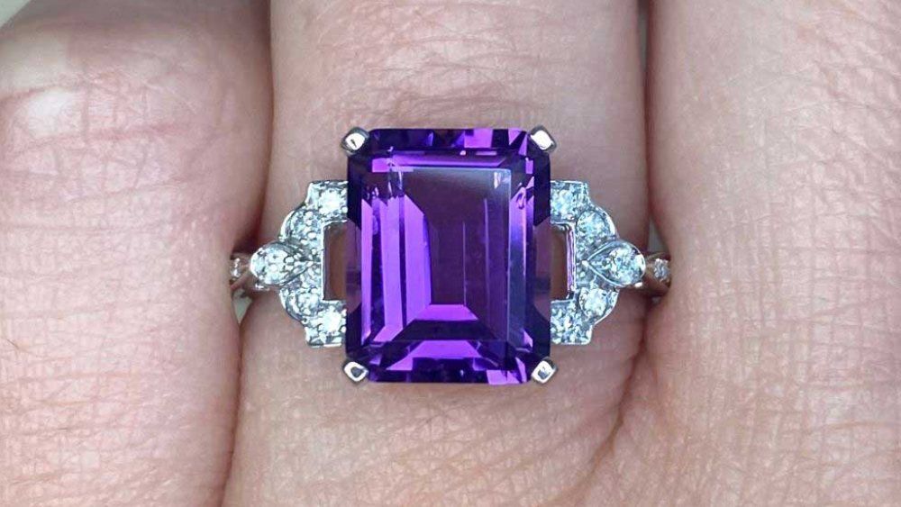 Meridian Ring Featuring Emerald Cut Amethyst Center Stone