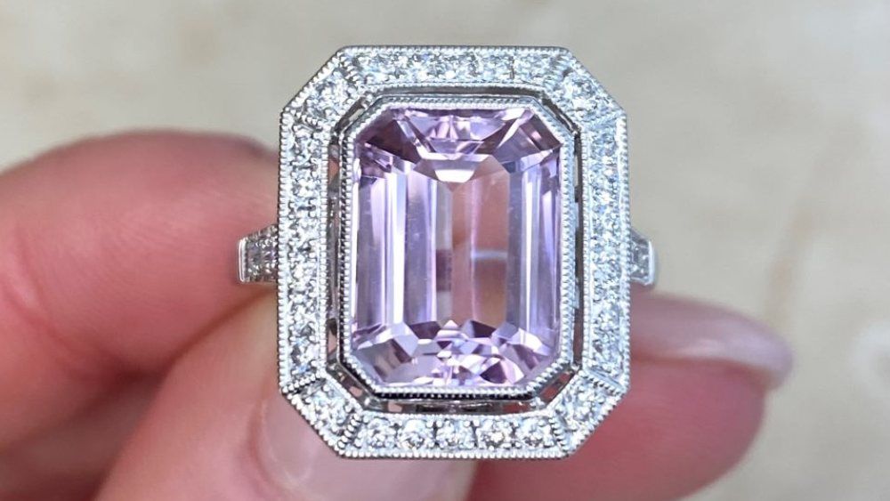 Staunton Engagement Ring Featuring Kunzite And Diamond Halo