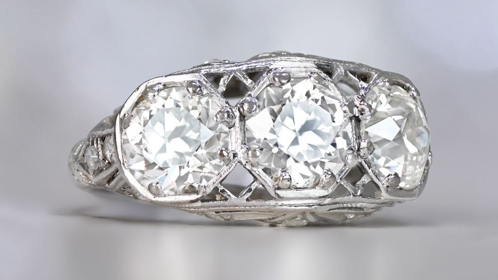 Three Stone Diamond Ring On A Platinum Mounting