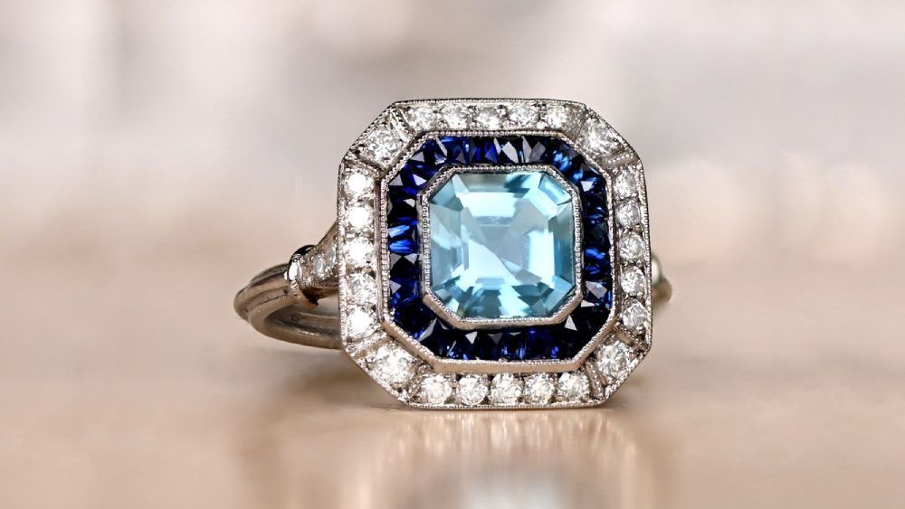 Aspen Aquamarine Ring Featuring Diamond Sapphire Double Halo
