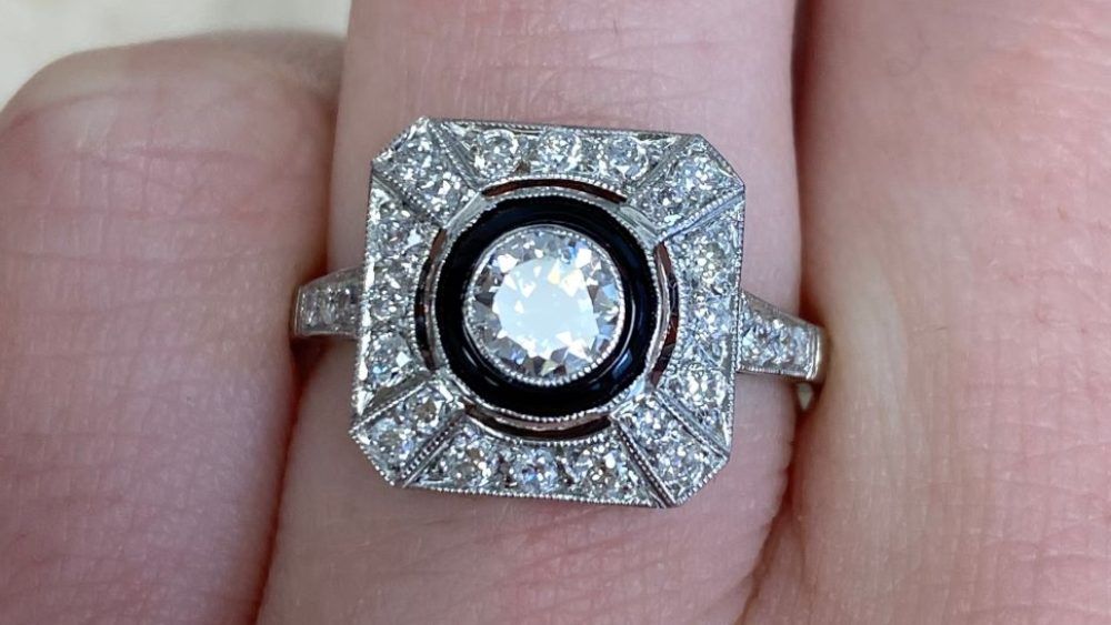 Olympia Engagement Ring Featuring Buffed Natural Onyx Halo