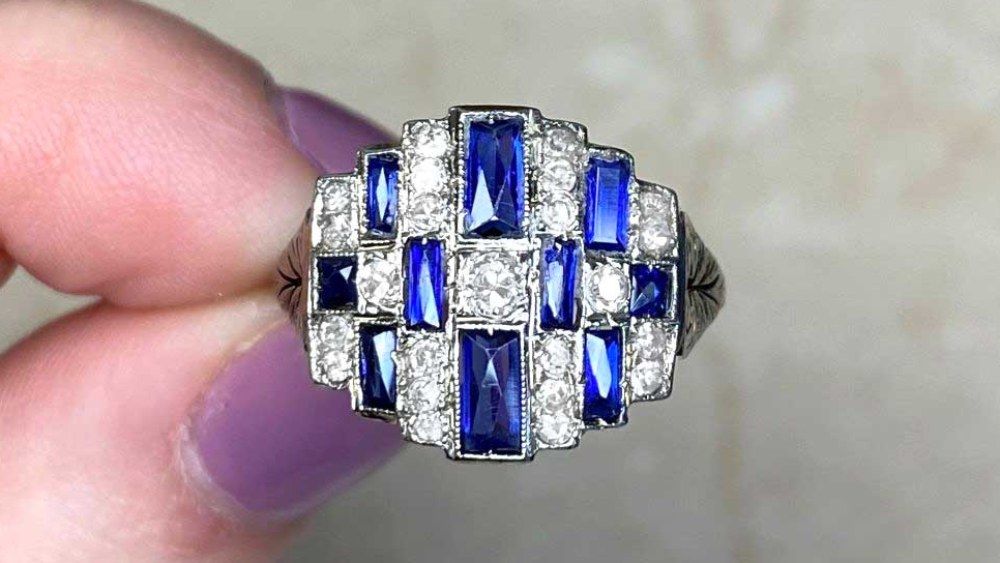 Diamond And Blue Sapphire Checkered Ring