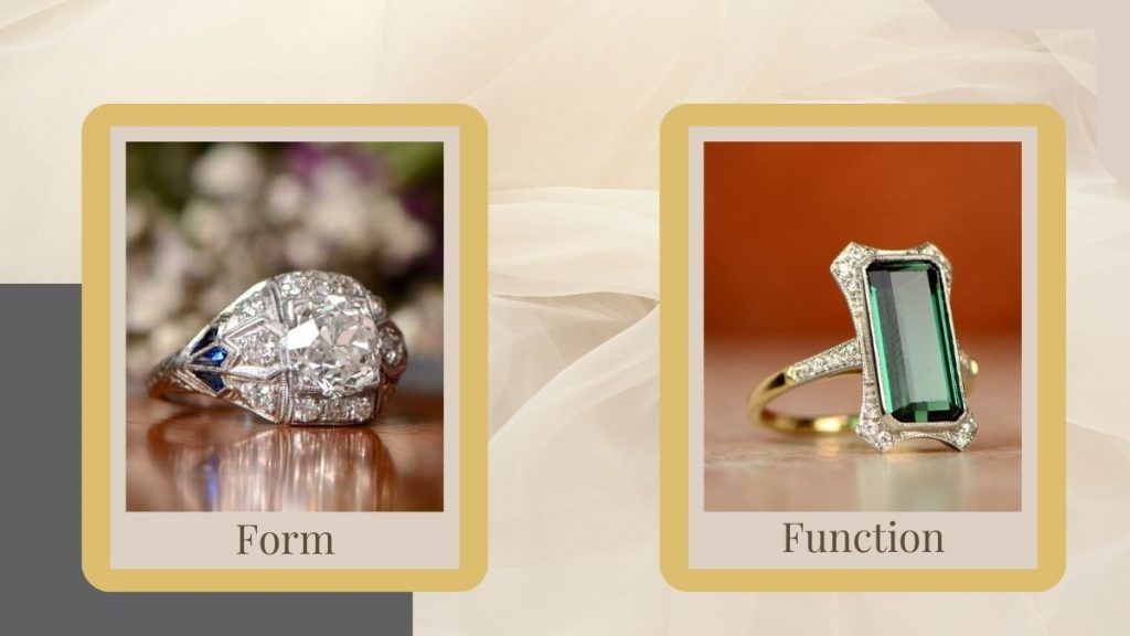 form and function infographic of engagement rings art nouveau vs art deco